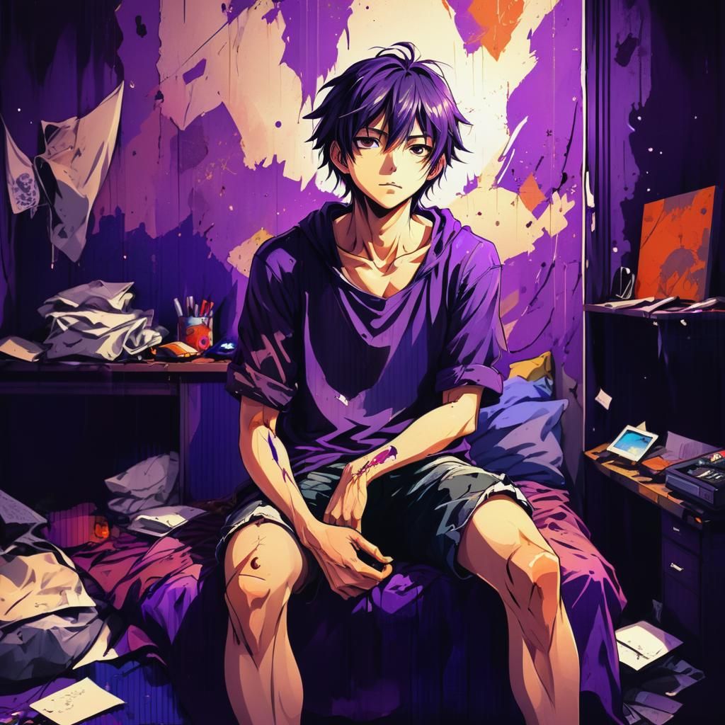 Anime-Inspired Male Figure in a Dimly Lit Room
