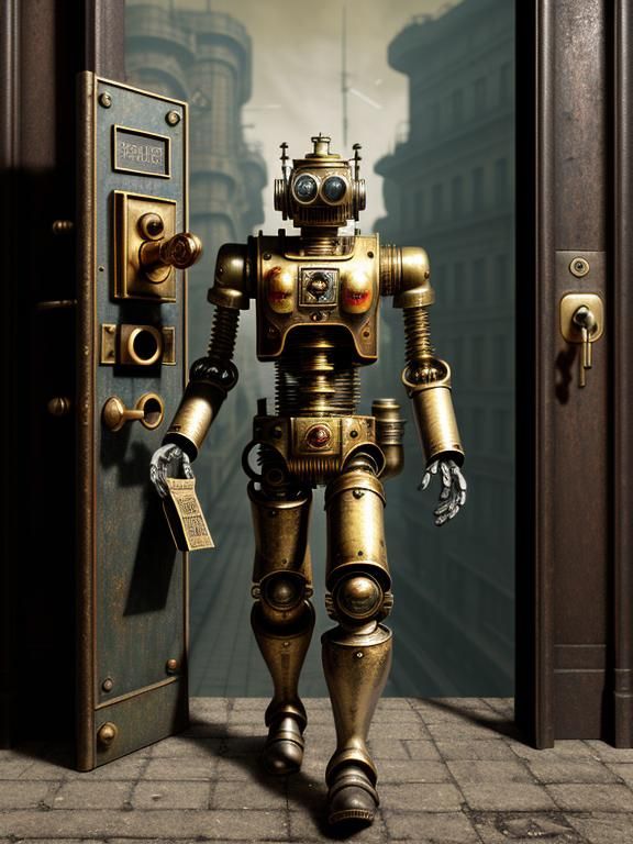 Steampunk Key Robot in Post-Apocalyptic Landscape