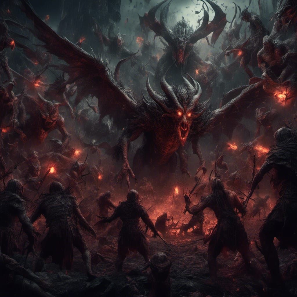 Demonic Imps Attack Villager in Dark Fantasy Setting