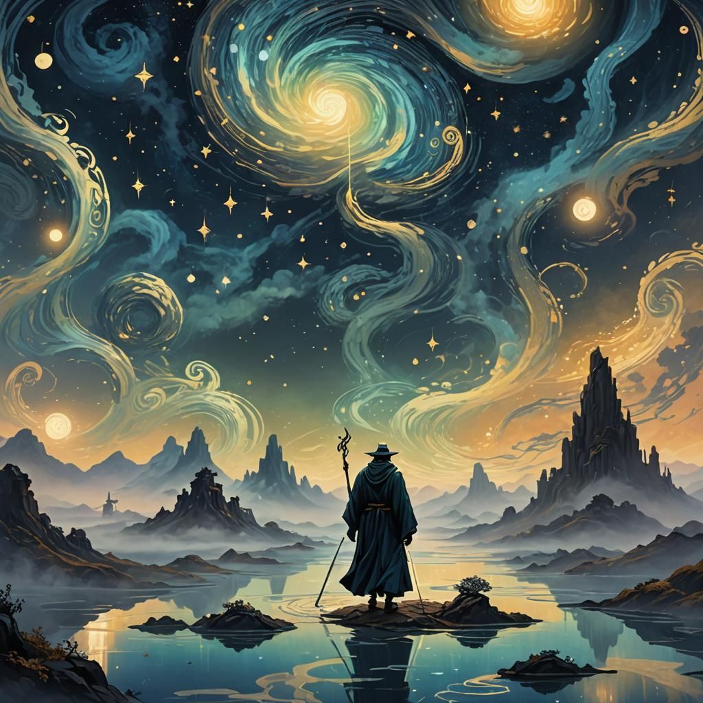 Celestial Figure Walks a Cosmic Pathway