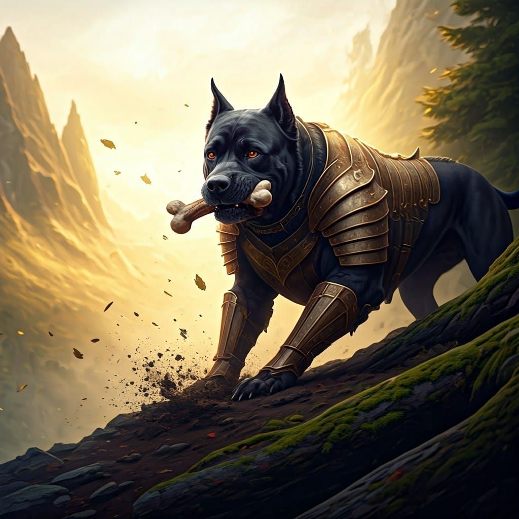 Armored Dog Digging in Enchanted Forest, Digital Painting