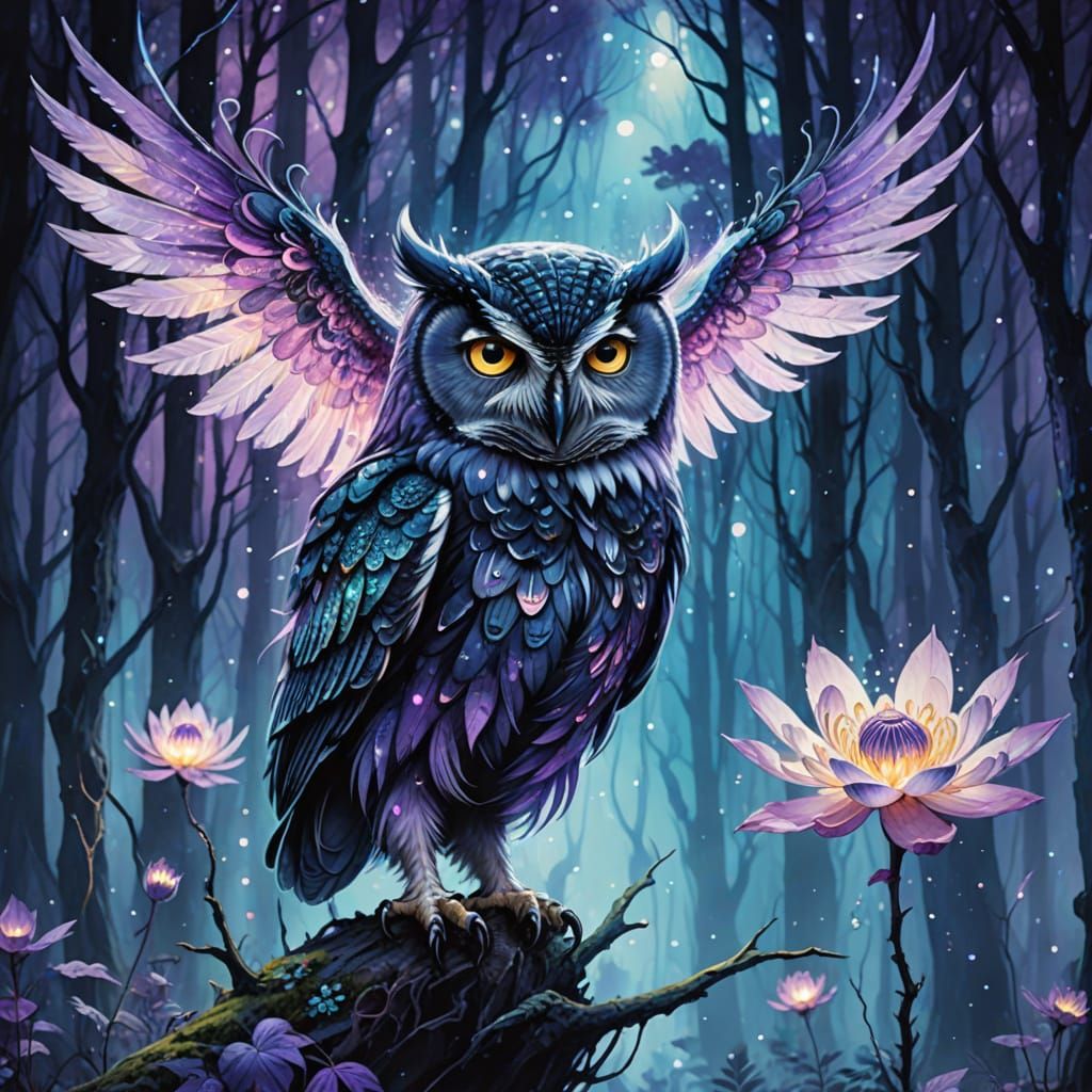 Bioluminescent Owl in a Surreal Glowing Forest