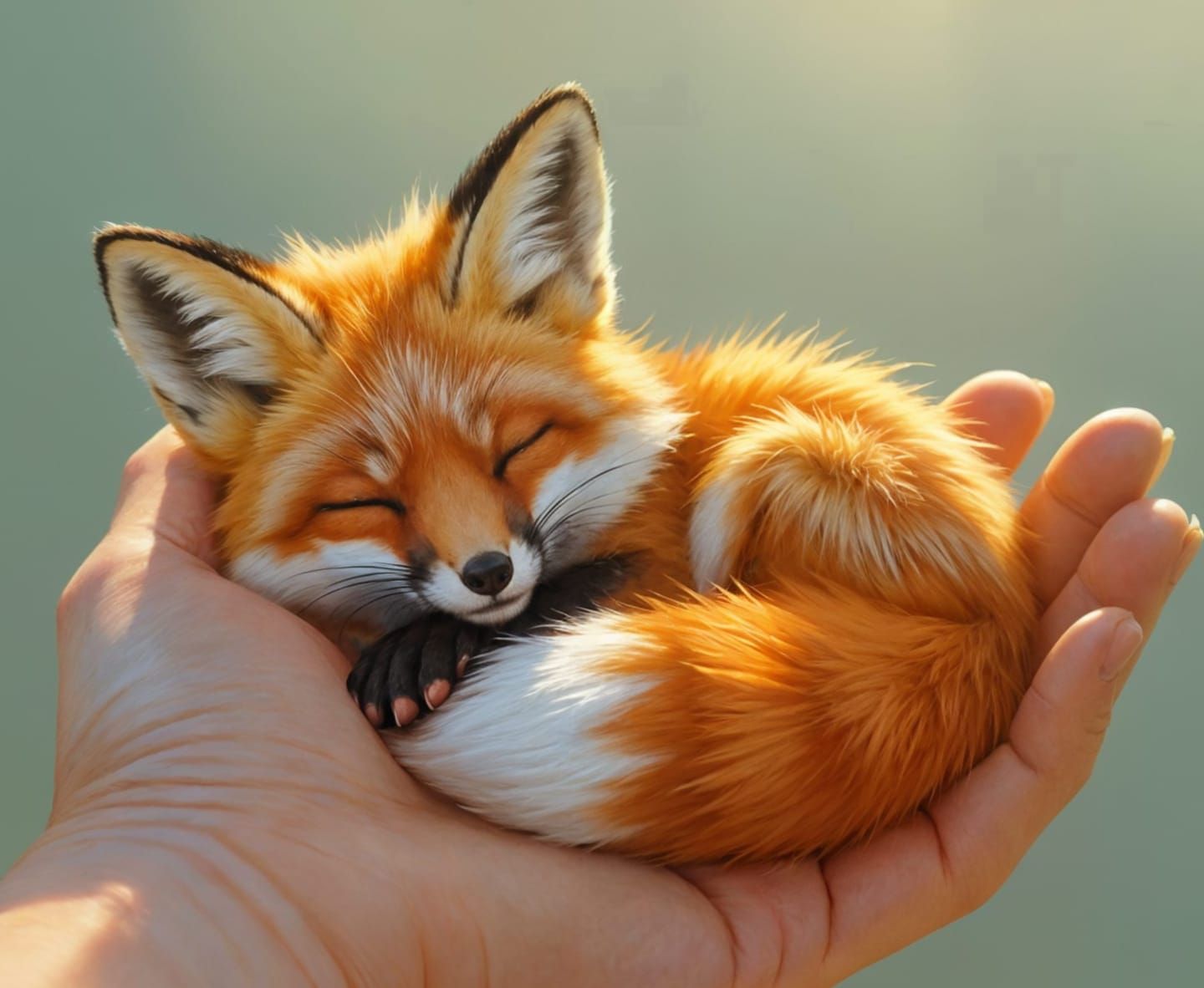 Tiny Sleeping Fox on Fingertip, Matte Painting Style
