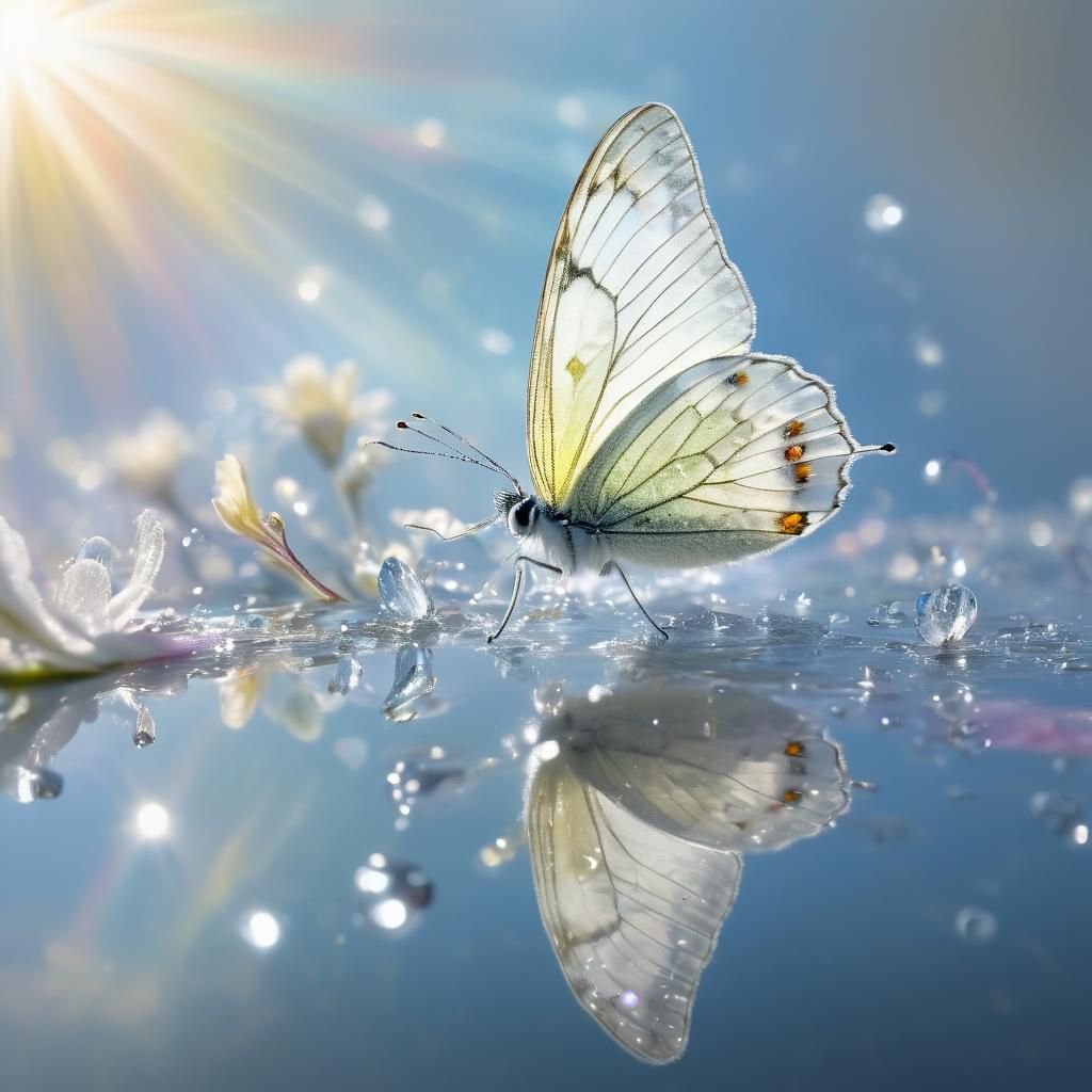 White Butterfly on Rainbow Flower Petal