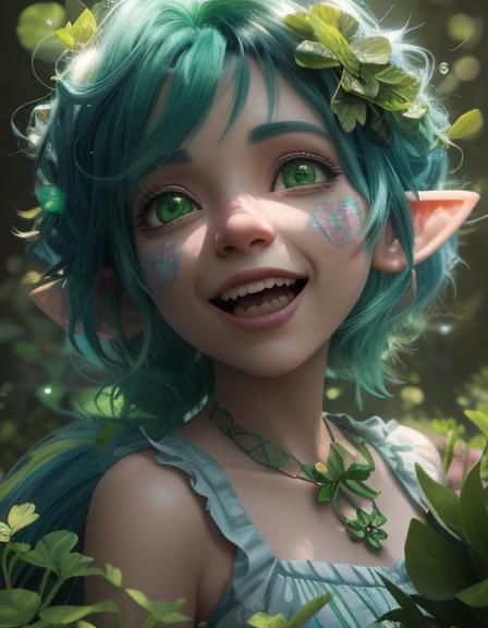 Lucky Green-Haired Child with Forest Creature in 3D