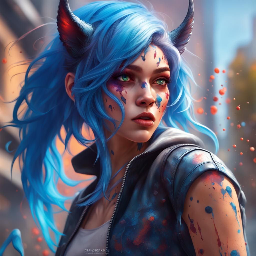 Cat-Demon Girl in Action: Hyperrealistic Splash Art
