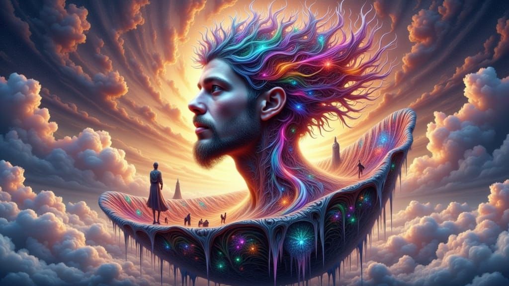 Gothic Man on Floating Island with Rainbow Lightning