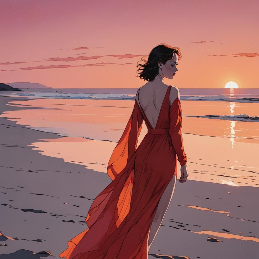 Sunset Beach Woman in Red Dress, Nagel Illustration