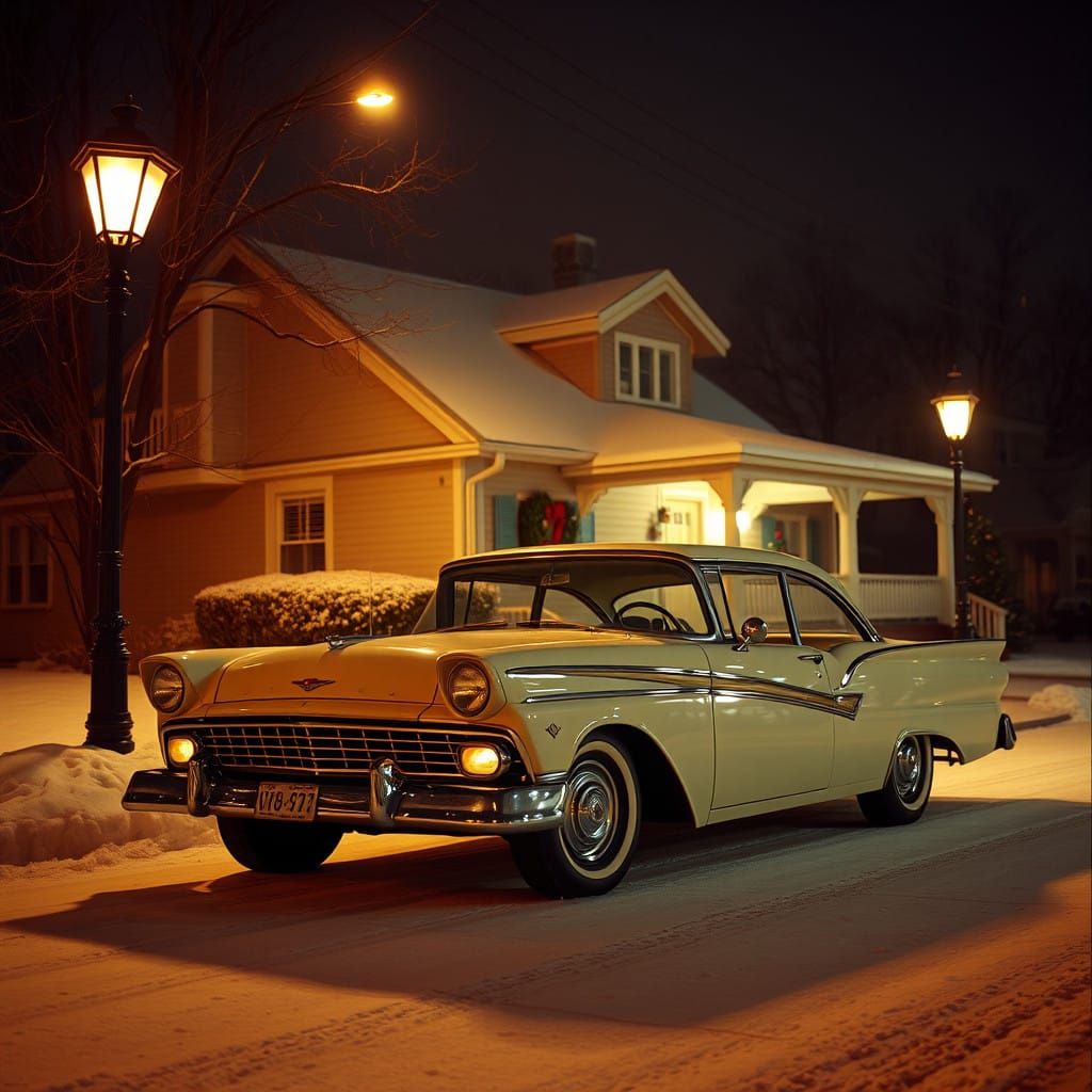 Ford Sedan in Snowy Nighttime, Vintage Bungalow in Backgroun...