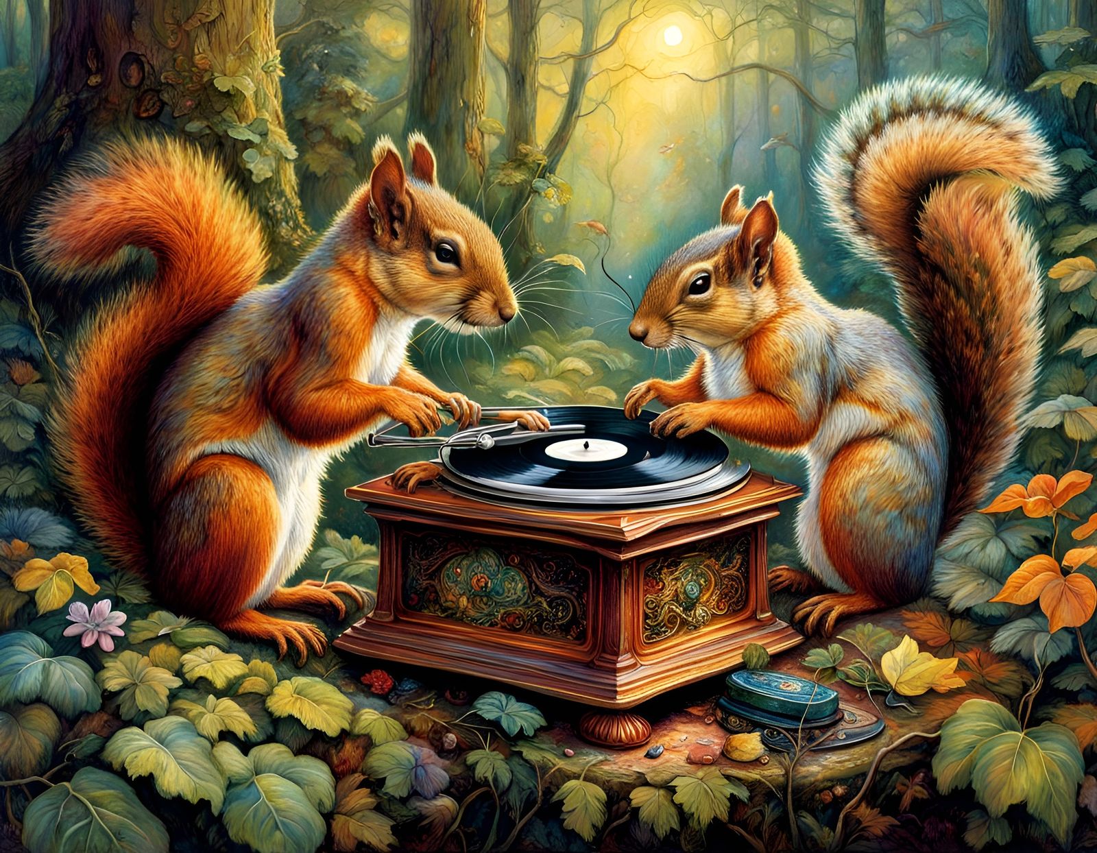 Squirrels Enjoying Gramophone Music: Storybook Illustration