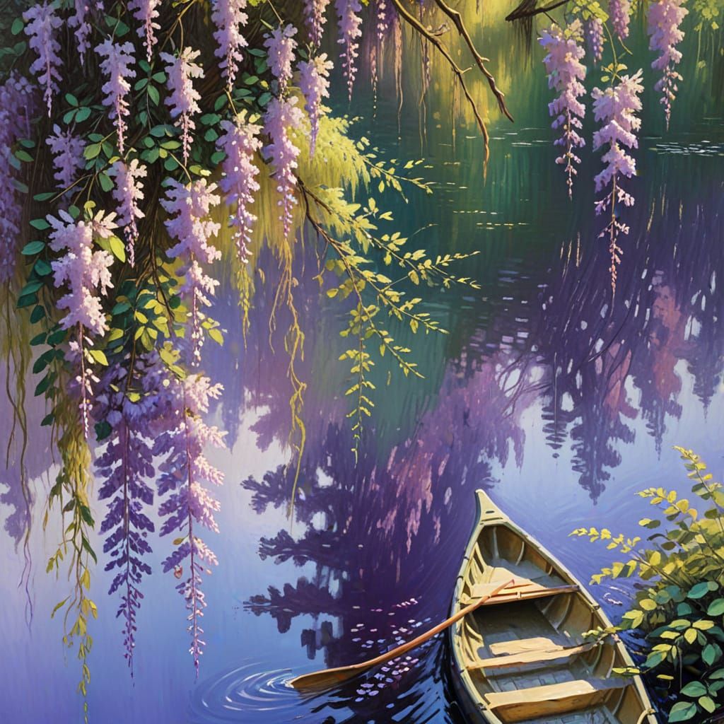 Impressionistic Canoe in Wisteria River Oil Painting