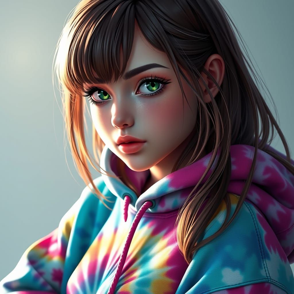 Girl in Tie-Dye Hoodie: Hyperdetailed Digital Painting