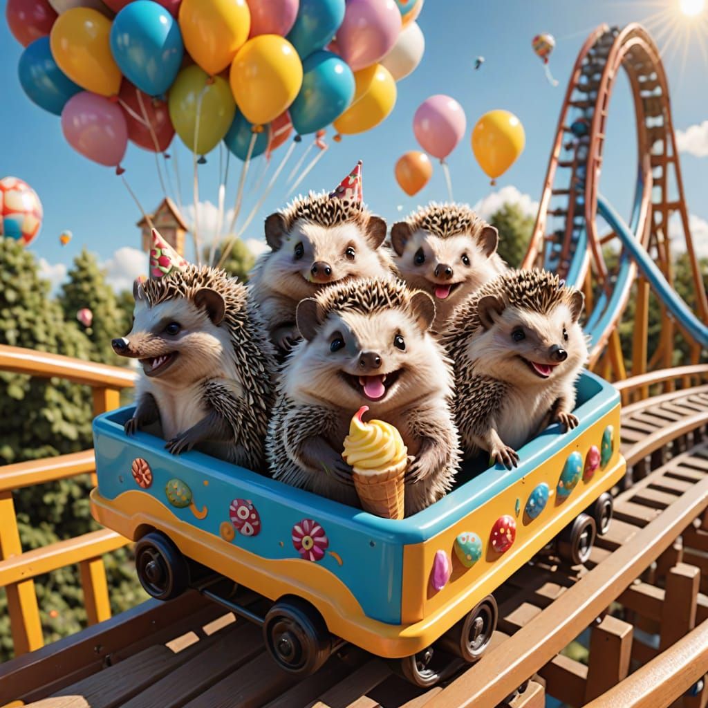 Some adorable hedgehogs on a roller-coaster having fun!