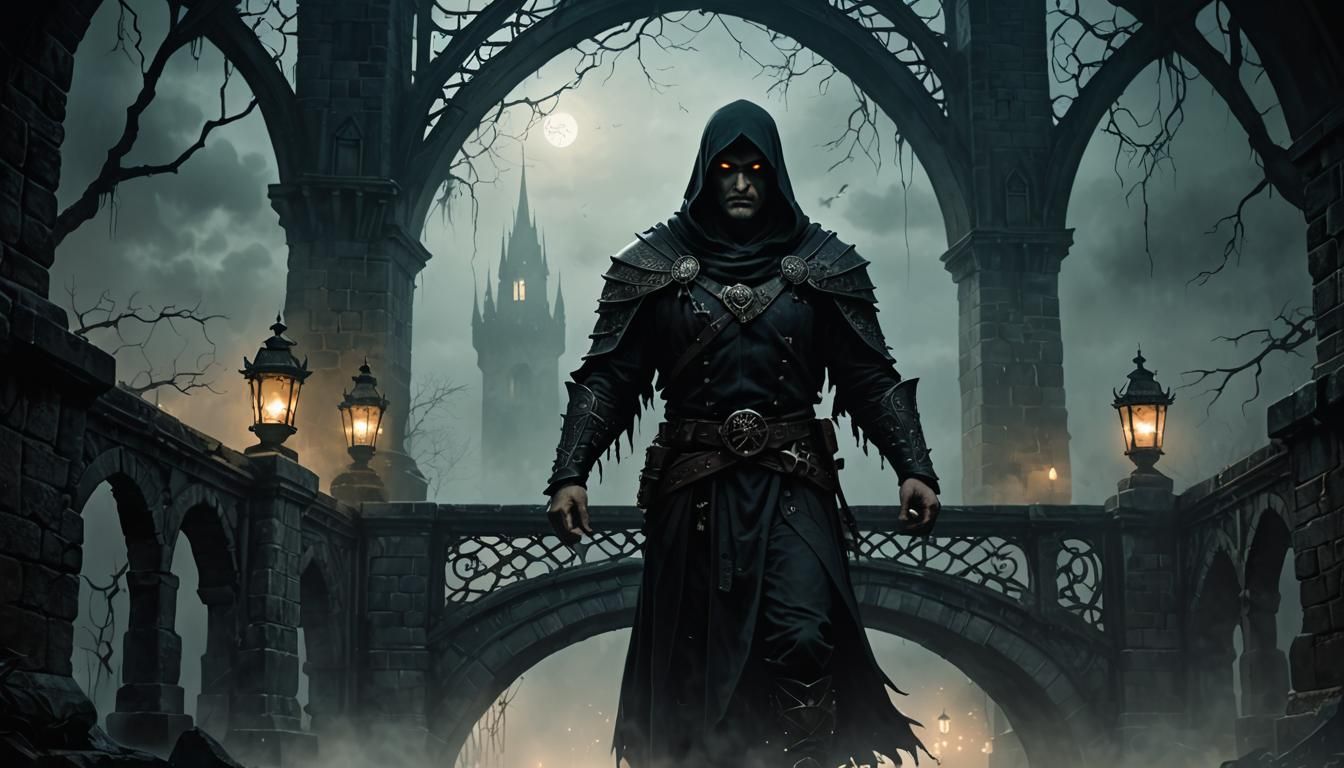 Guardian at Death's Bridge: Dark Fantasy Illustration