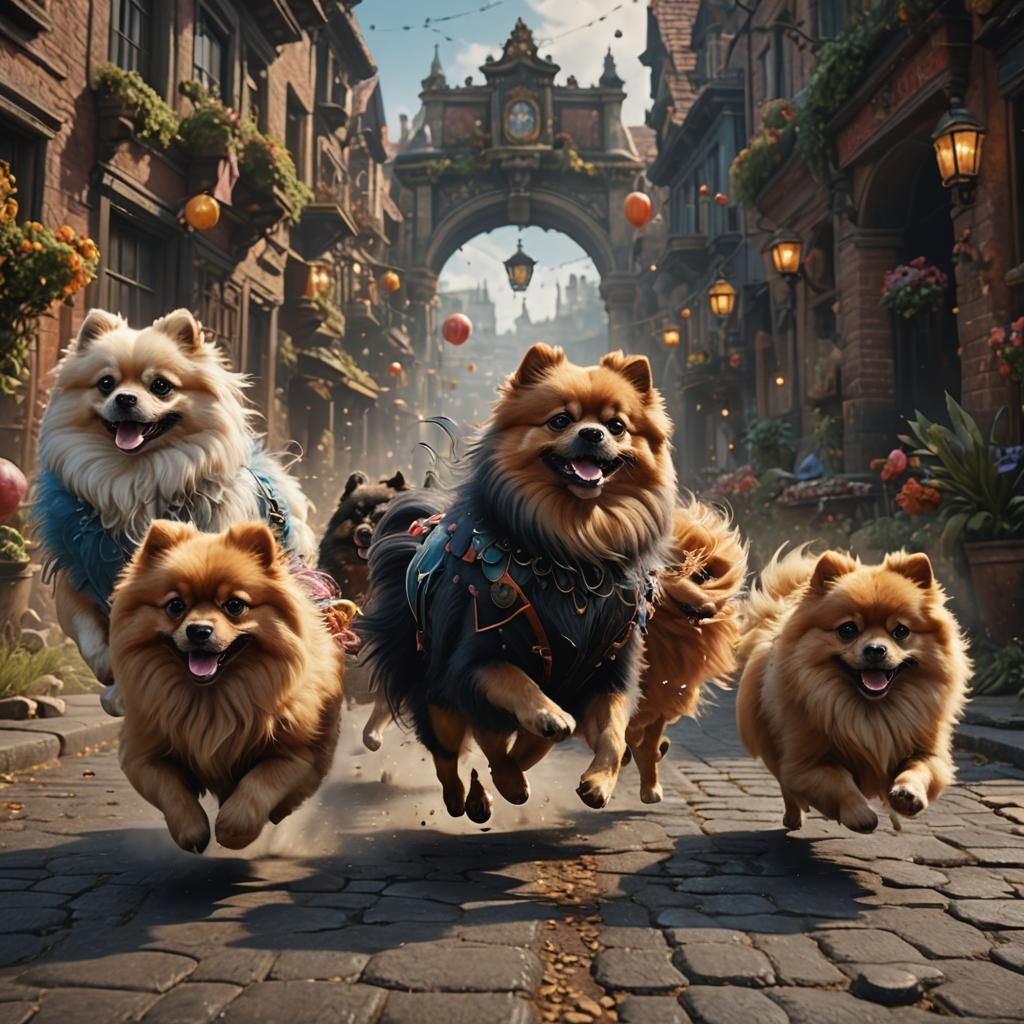 Five Pomeranians Running: Detailed Fantasy Concept Art