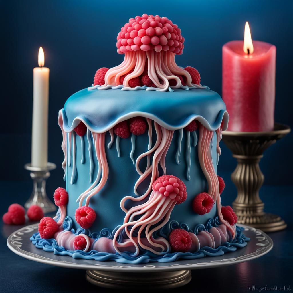 Hyperrealistic Raspberry Jellyfish Cake with Fondant Sculptu...