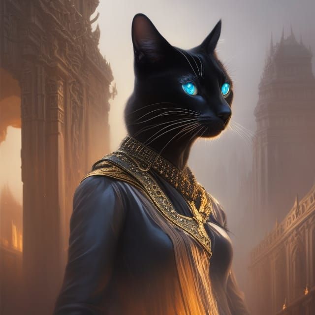 Woman with Cat Head Portrait in Dark Fantasy Style