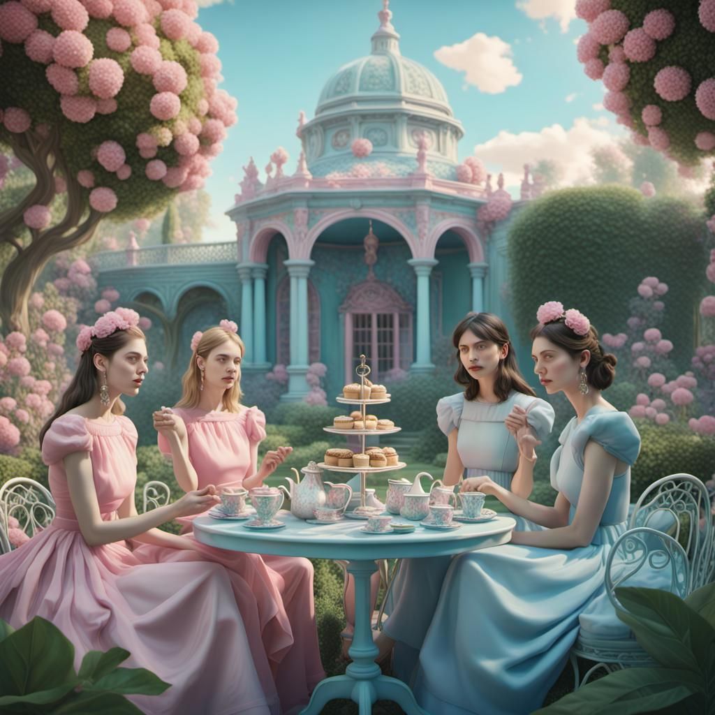 Pastel Tea Party Dreamscape in Gouache Style