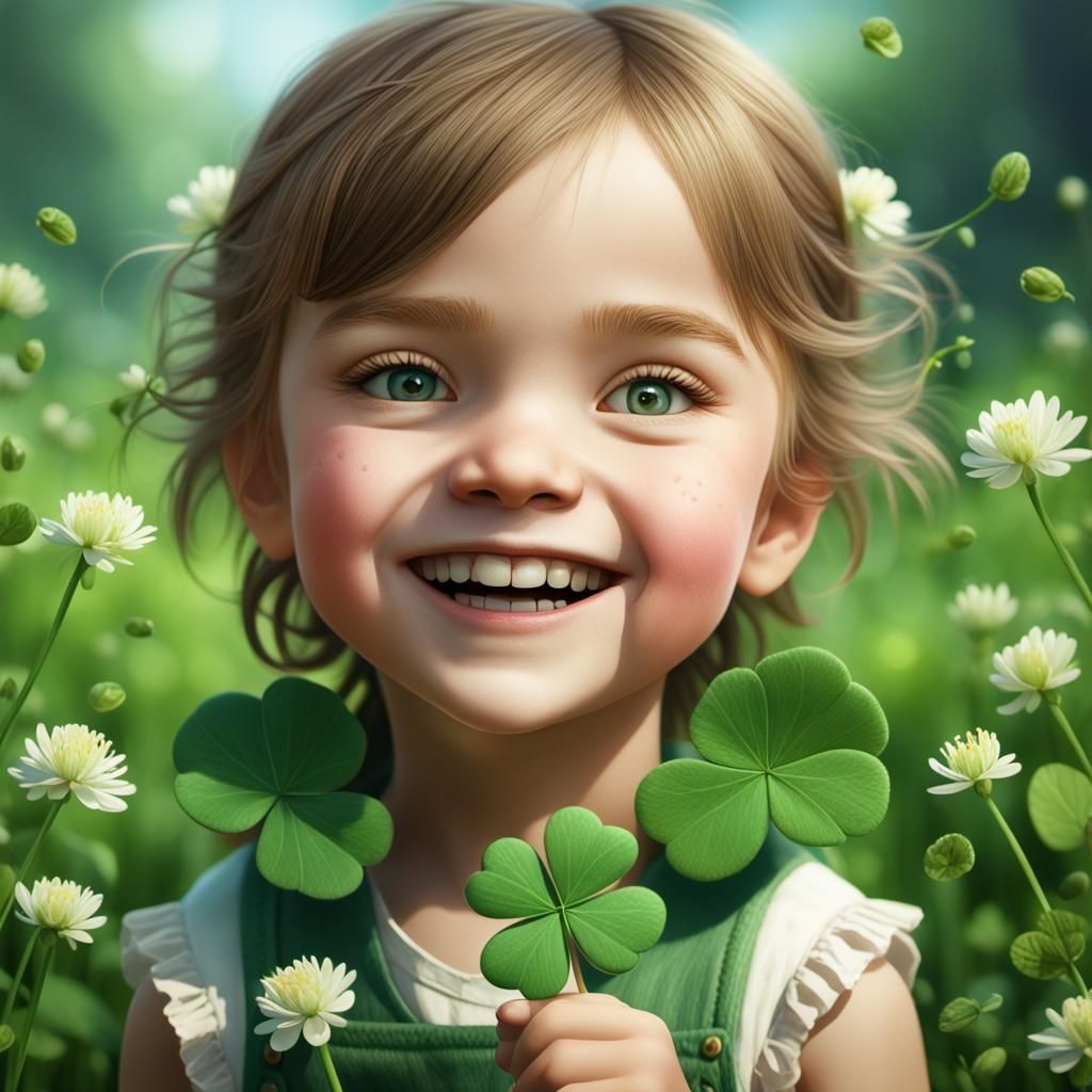 Smiling laughing child showing off 4-leaf clover, meadow, flowers (variety)