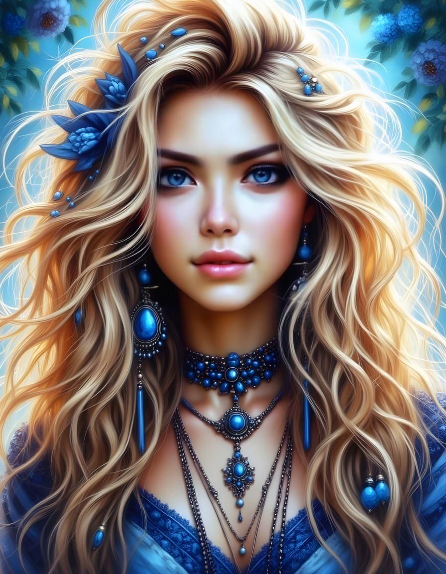Blonde Woman with Blue Jewelry Portrait