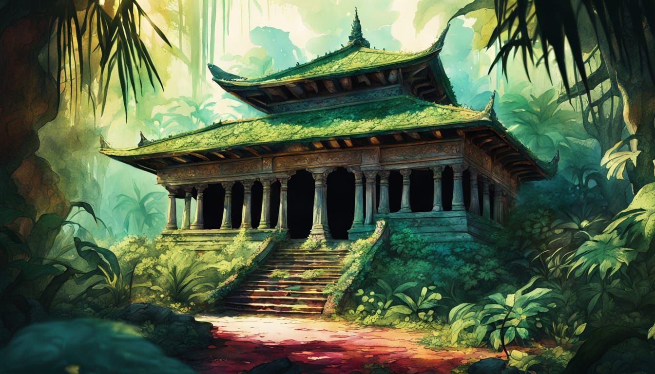 Siamese Cat in Overgrown Jungle Temple, Alcohol Ink Style