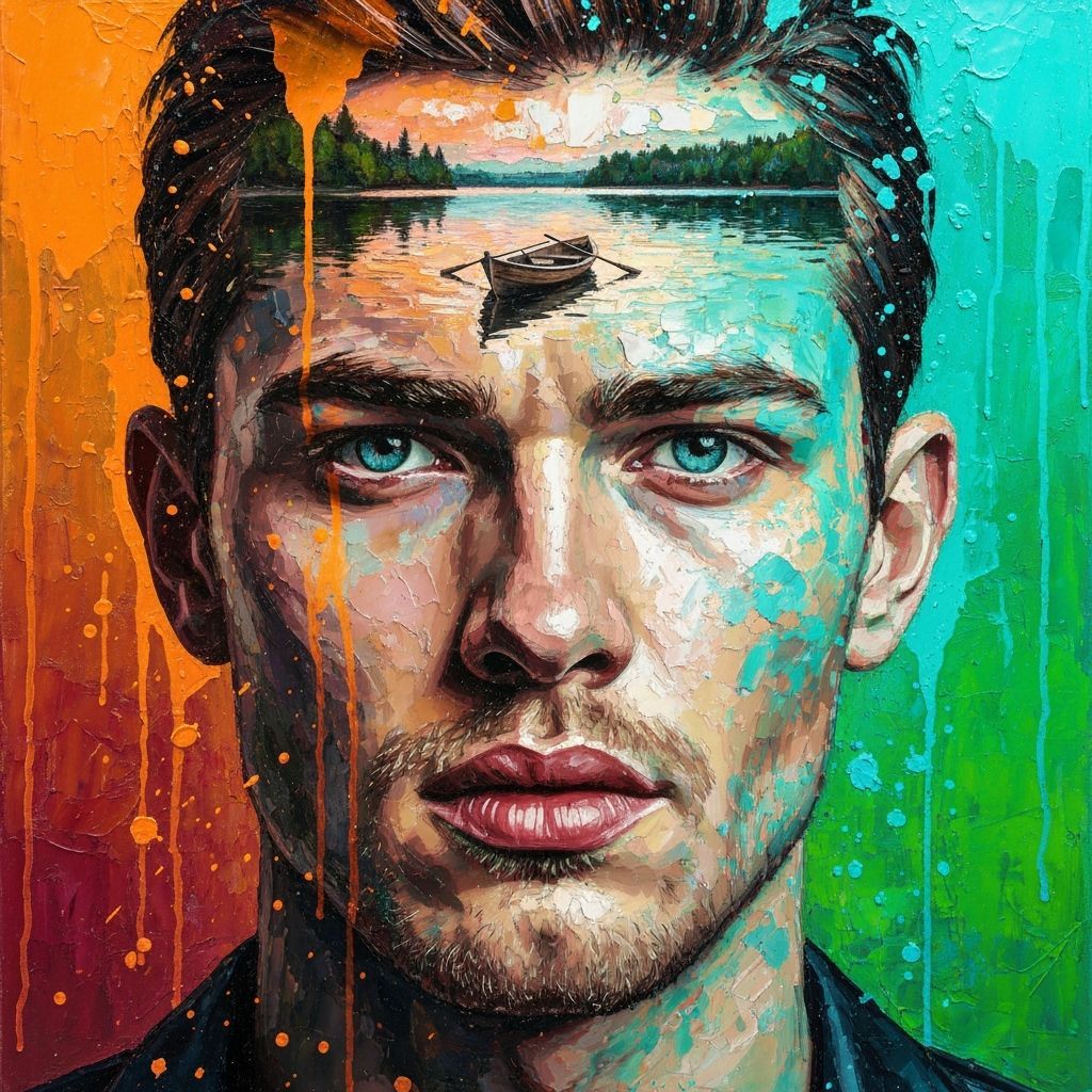 Textured Impasto Mosaic Portrait with Double Exposure Lake S...