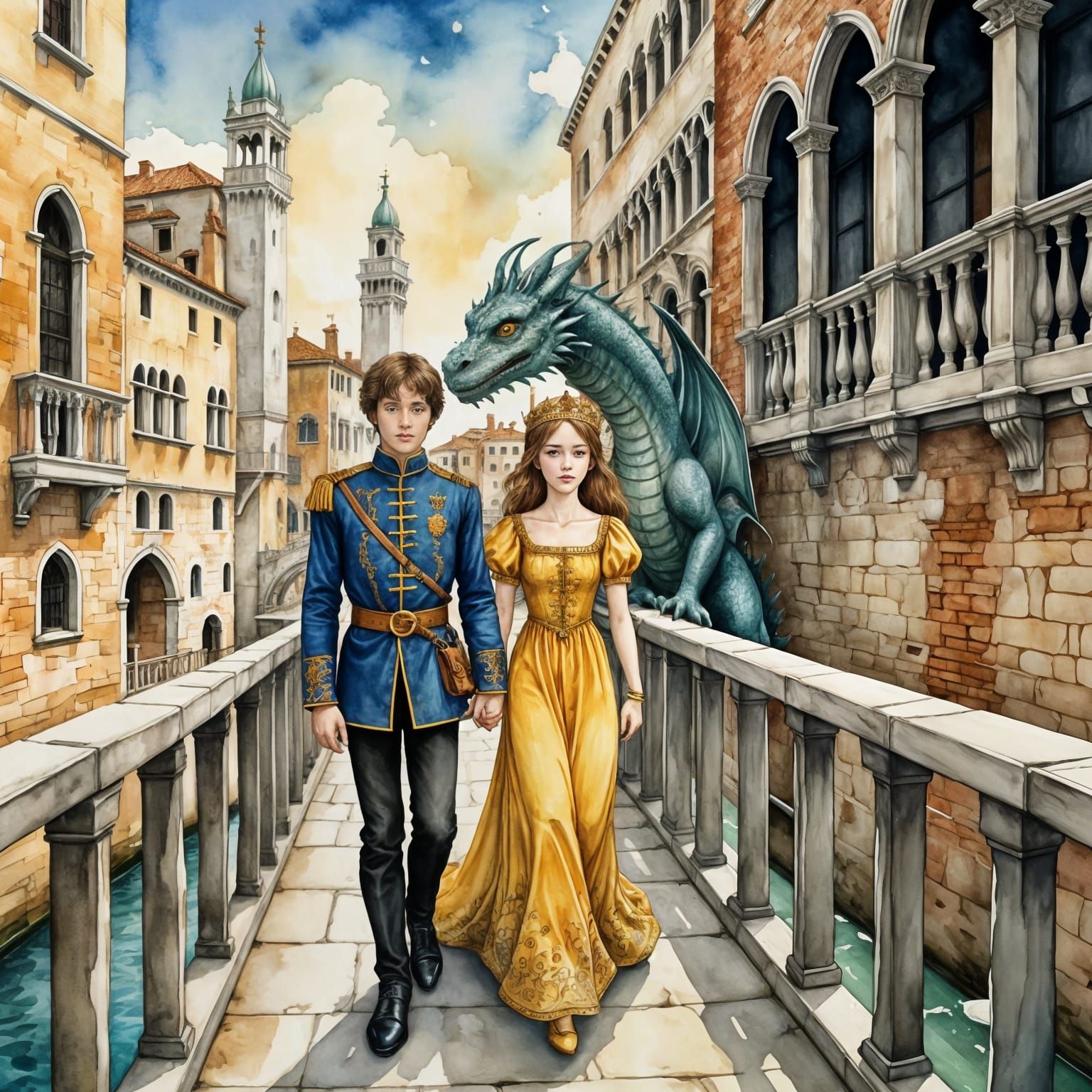 Medieval Prince and Princess on the Bridge of Sighs in Venic...
