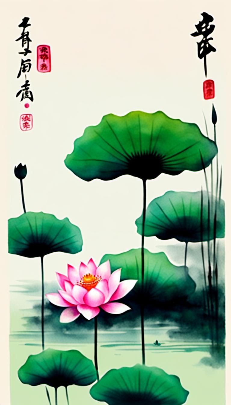 Minimalist Chinese Ink Painting of Lotus Flowers