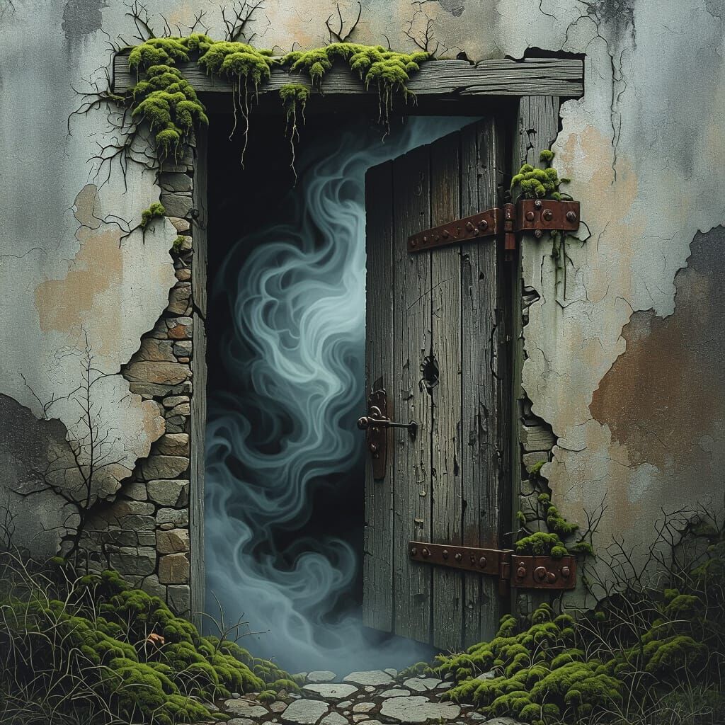 Haunting Gothic Doorway to Swirling Dark Fog