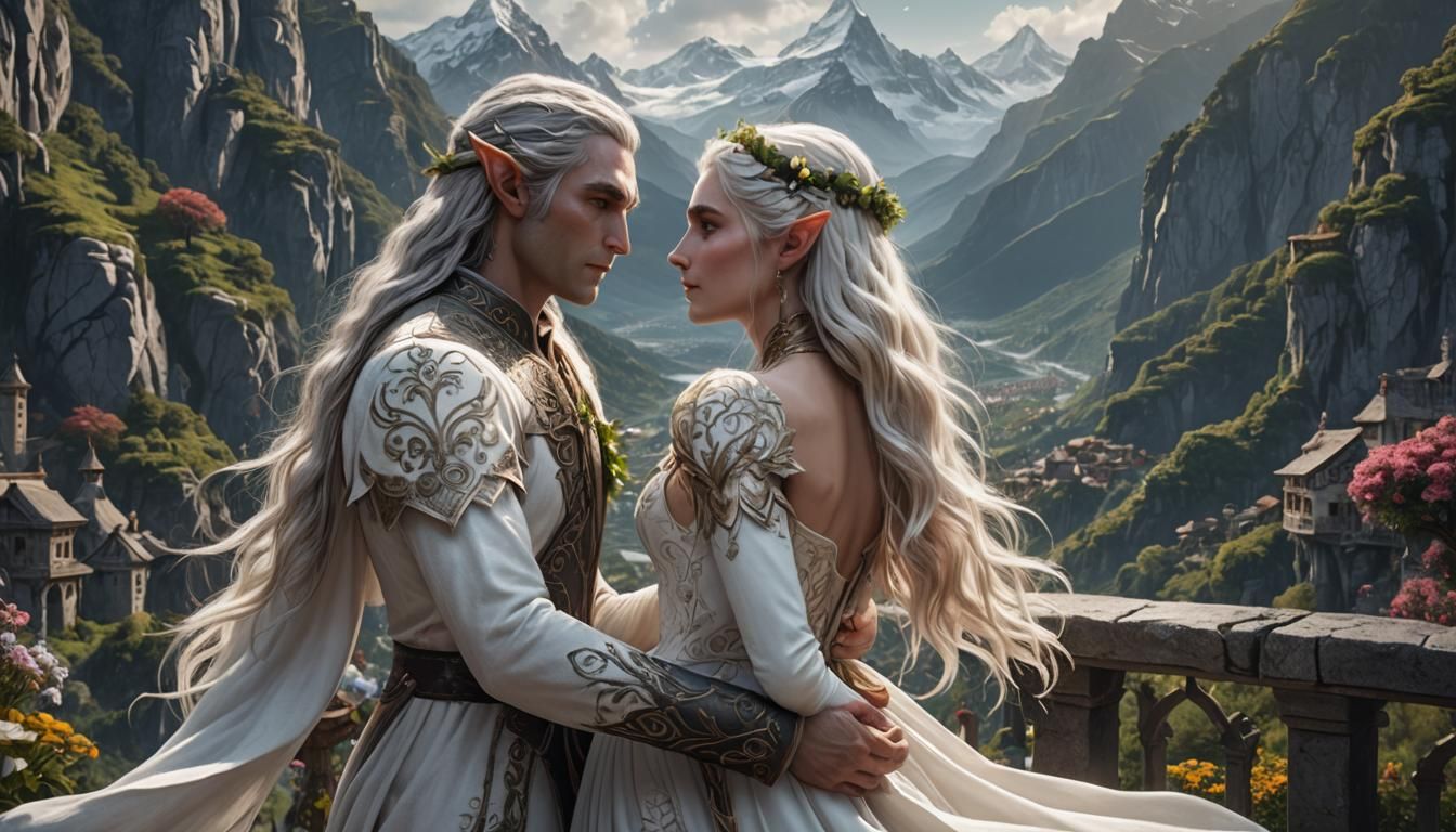 Elven Couple Embrace on Flowered Balcony