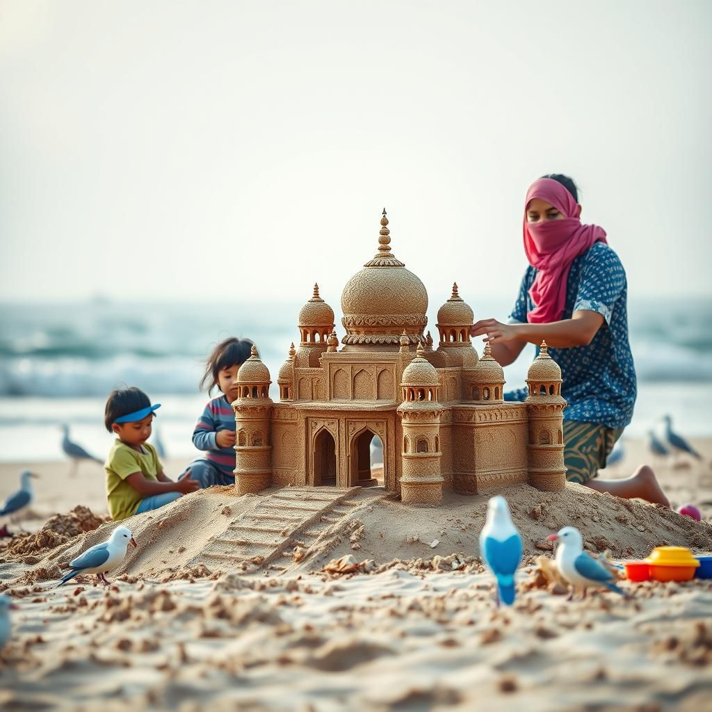 Family Builds Sand Taj Mahal: Photorealistic Beach Scene