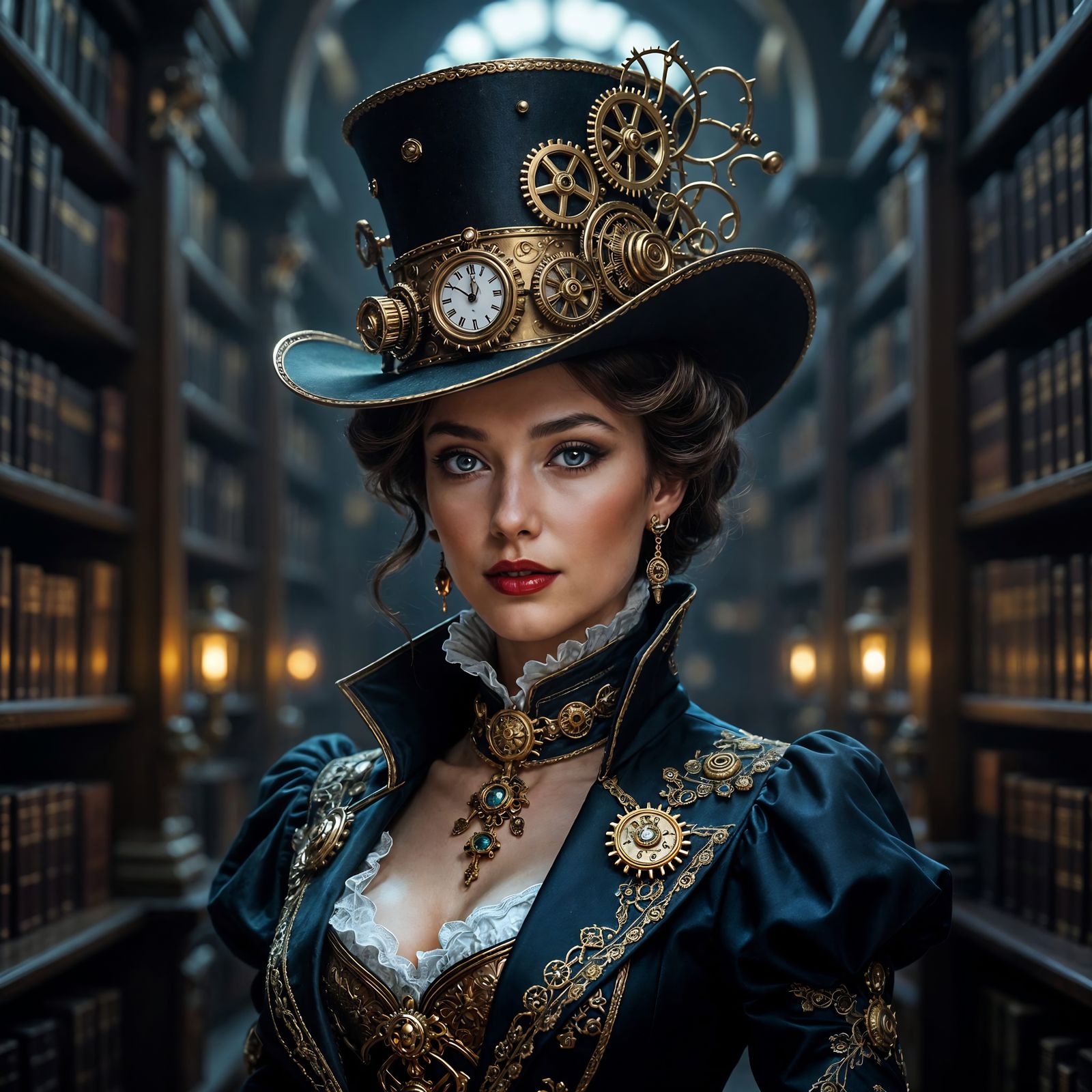 Regal Queen in Elaborate Clockwork Hat