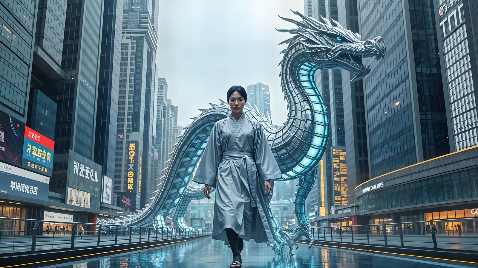 Futuristic Korean Tech City with Robotic Dragon