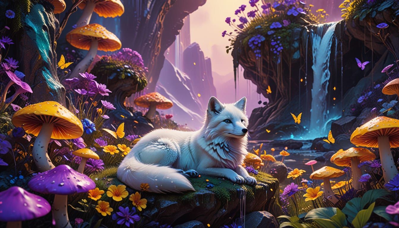 Dreamlike Arctic Fox in a Vibrant, Surreal Garden