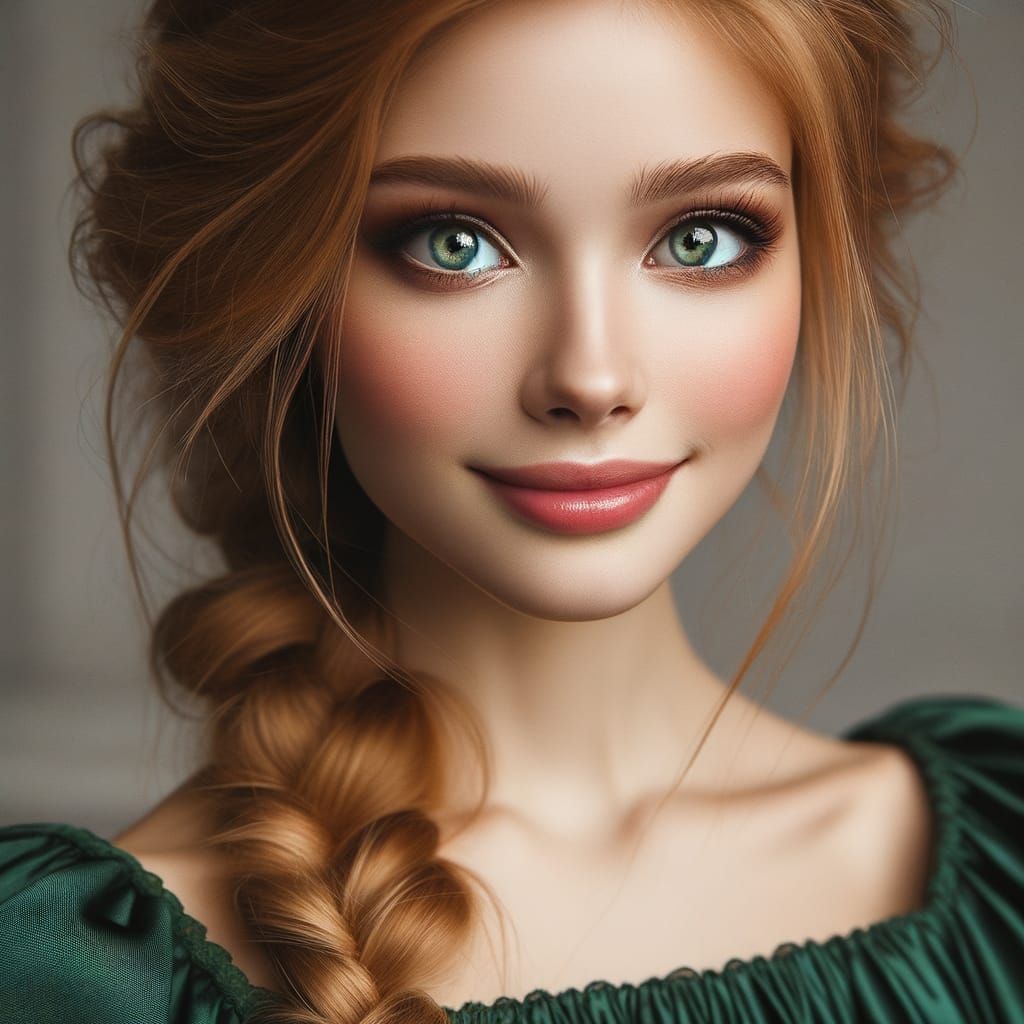 Elegant Woman with Strawberry-Blonde Hair in Emerald Gown