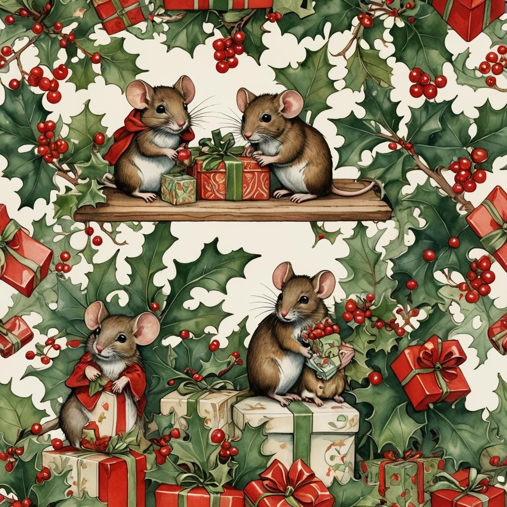 Art Nouveau Christmas Scene with Mouse Family