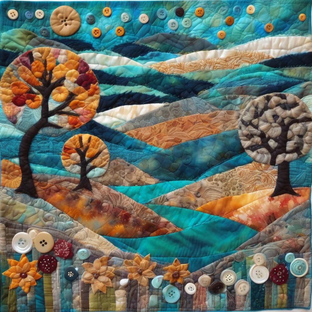 Primitive Mountainscape Quilt in Mixed Media