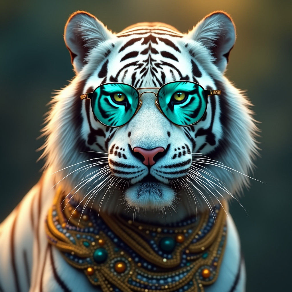 White Tiger in Futuristic Sunglasses: Hyperrealistic Portrai...