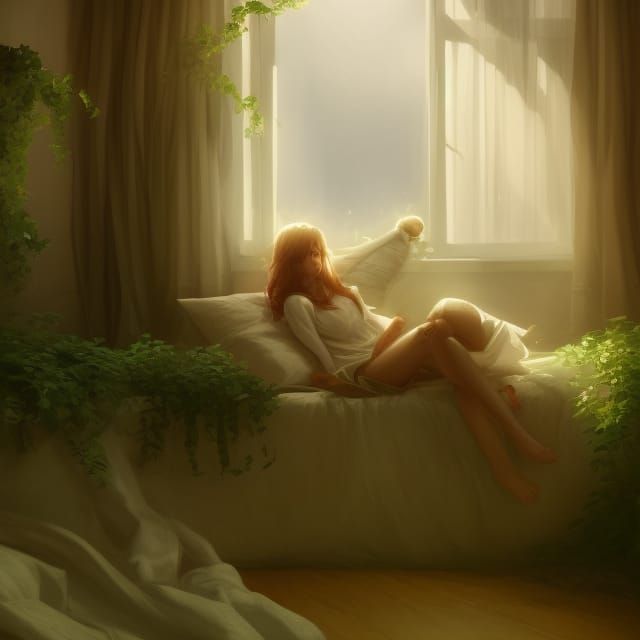 Cozy Room with Sunshine, Vines, and Woven Blanket