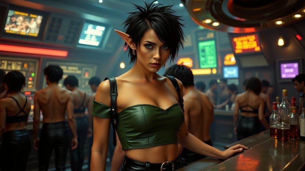 Cyberpunk Goddess Leans Against the Bar in a Bustling Nightc...