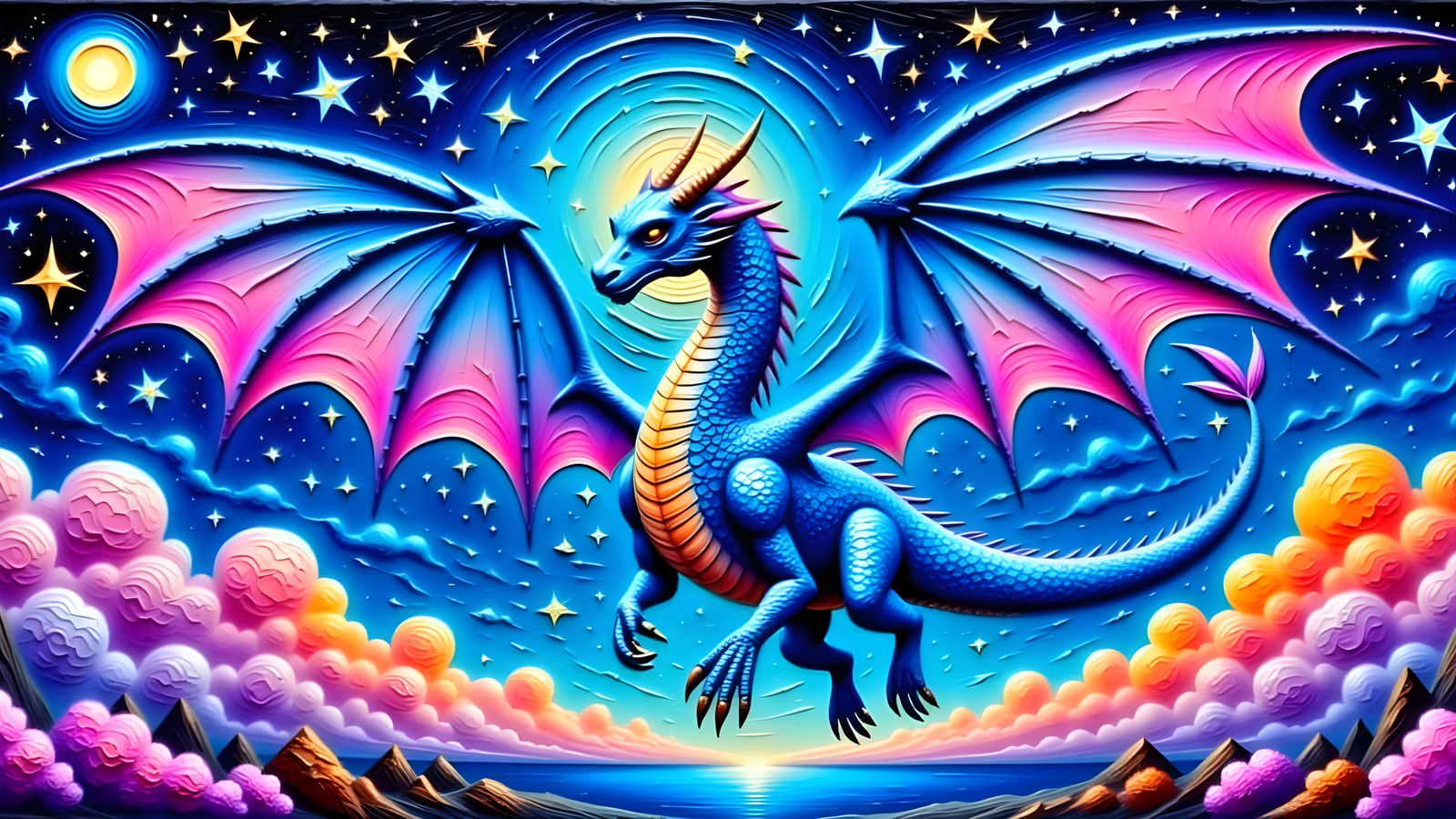 Dragon Soaring Through Cosmic Landscape in Watercolor