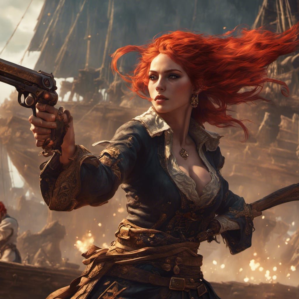 Red-Haired Pirate Queen in Dark Fantasy Style