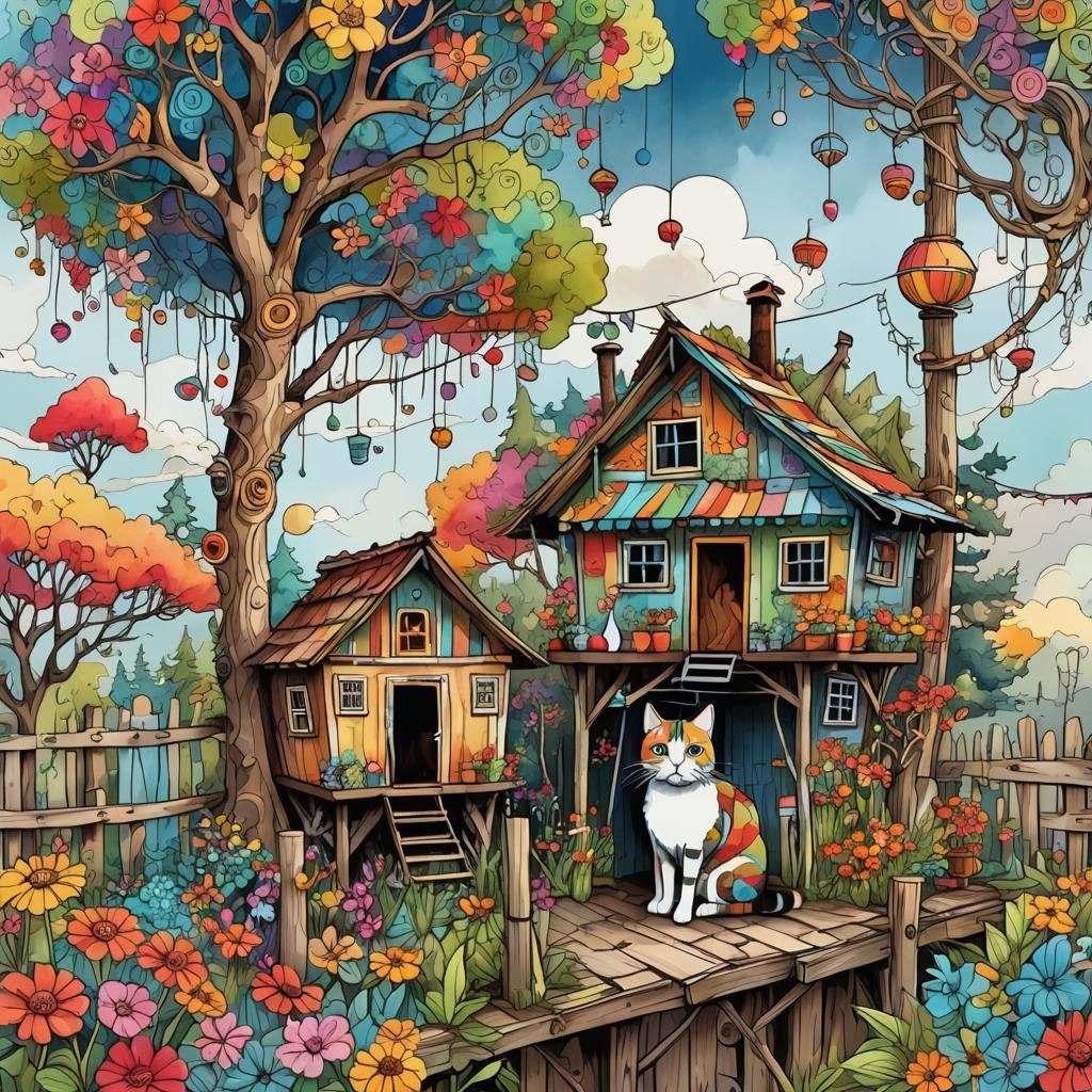 Whimsical Ramshackle Hut in Watercolor Style