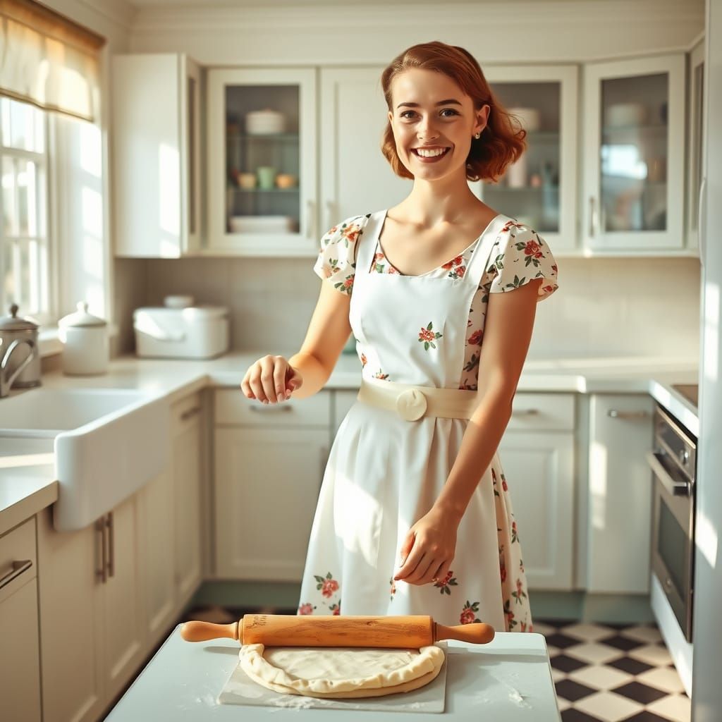 Vintage 1950s Kitchen Scene with Cheerful Baker