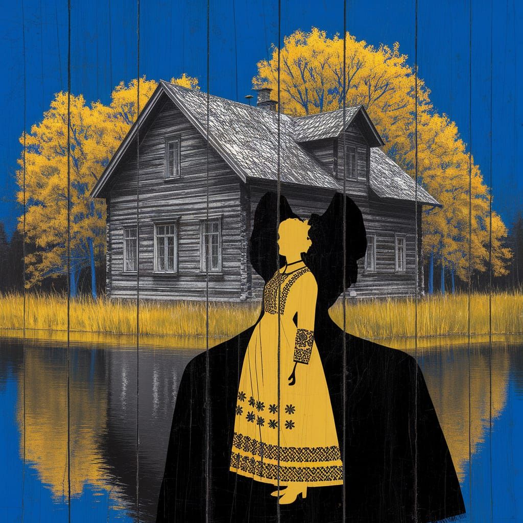 Ukrainian House with Silhouette, Double Exposure Style