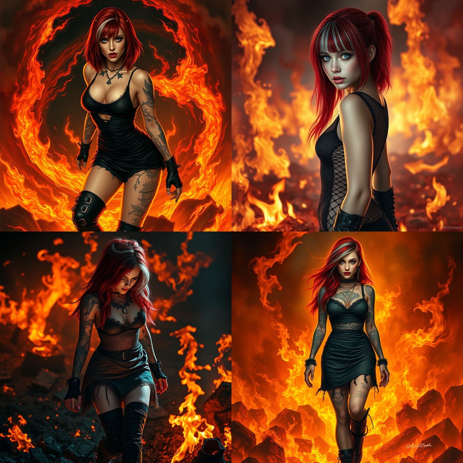 Fiery Goth Pin-Up Portrait in Hyperrealistic Style