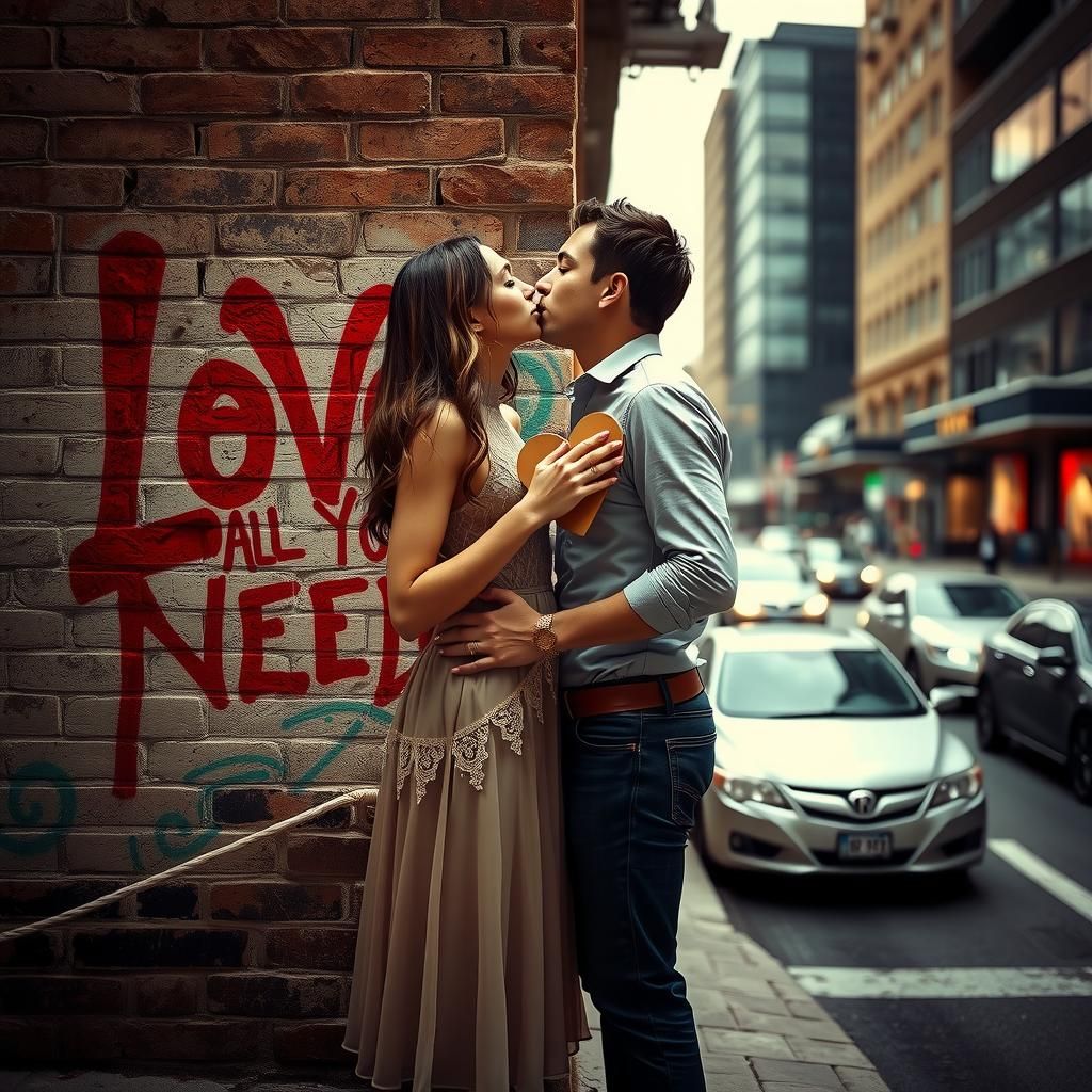 Romantic Couple Kissing in Front of Graffiti Art