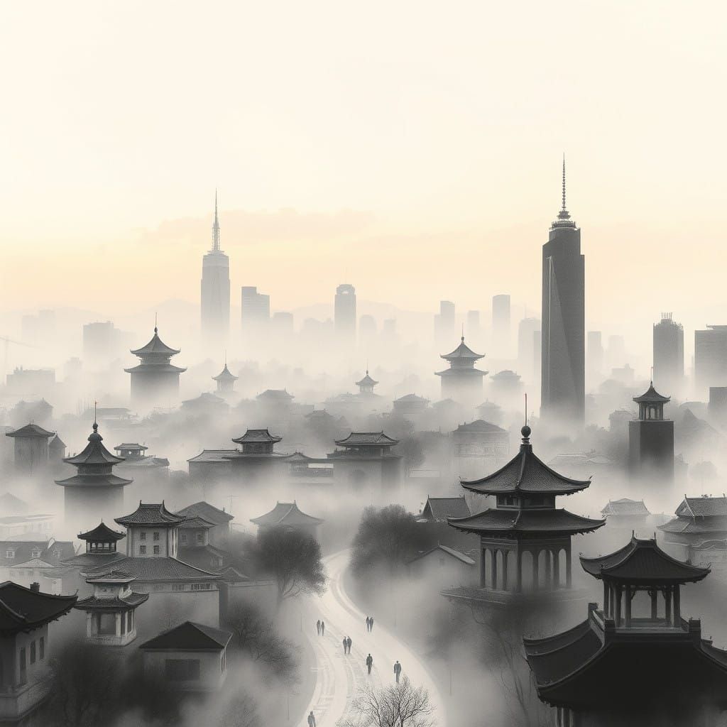 Dreamy Cityscape in Chinese Ink Wash Style