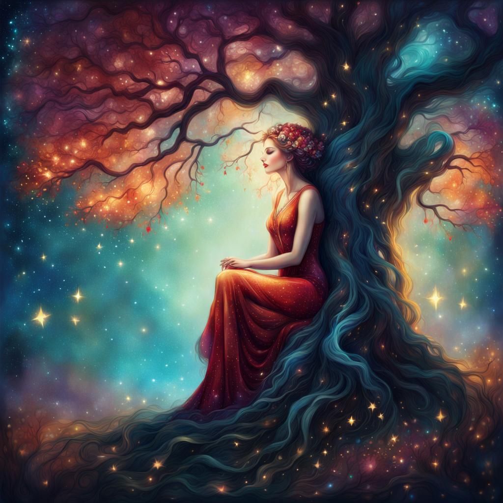 Woman Under Starry Sky: Hyperdetailed Concept Art