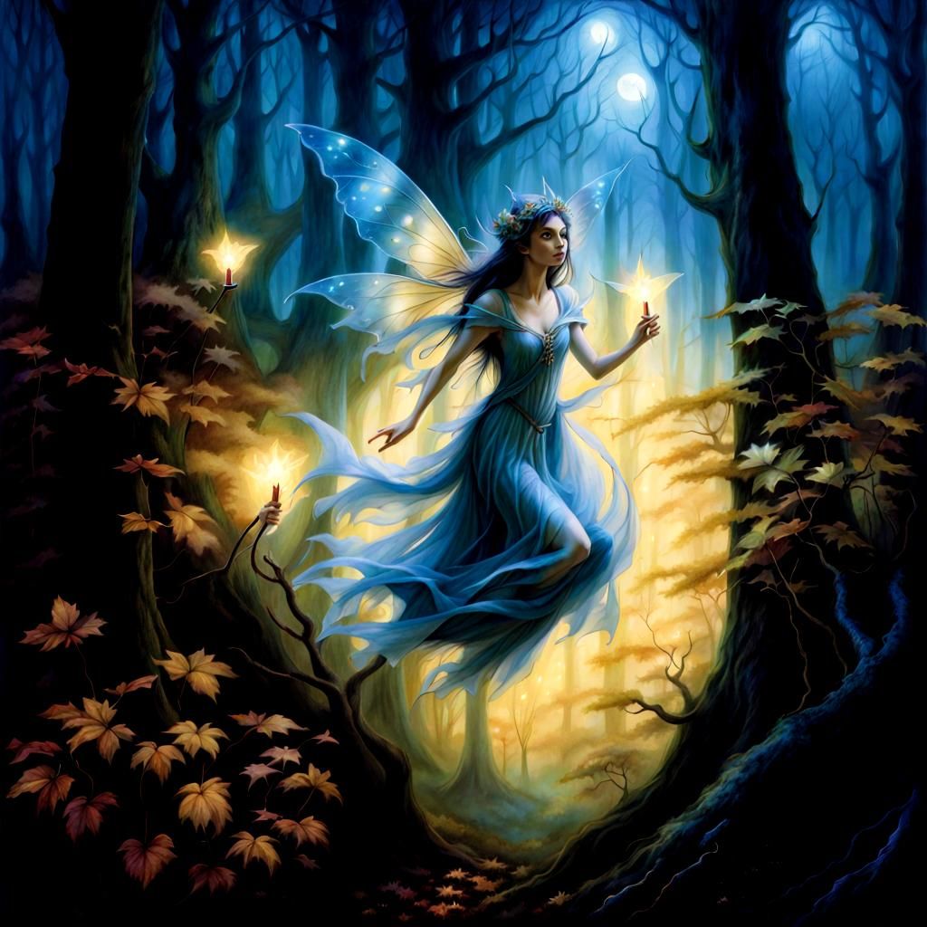 Fairy Flight in Glowing Forest: Ethereal Midnight Scene